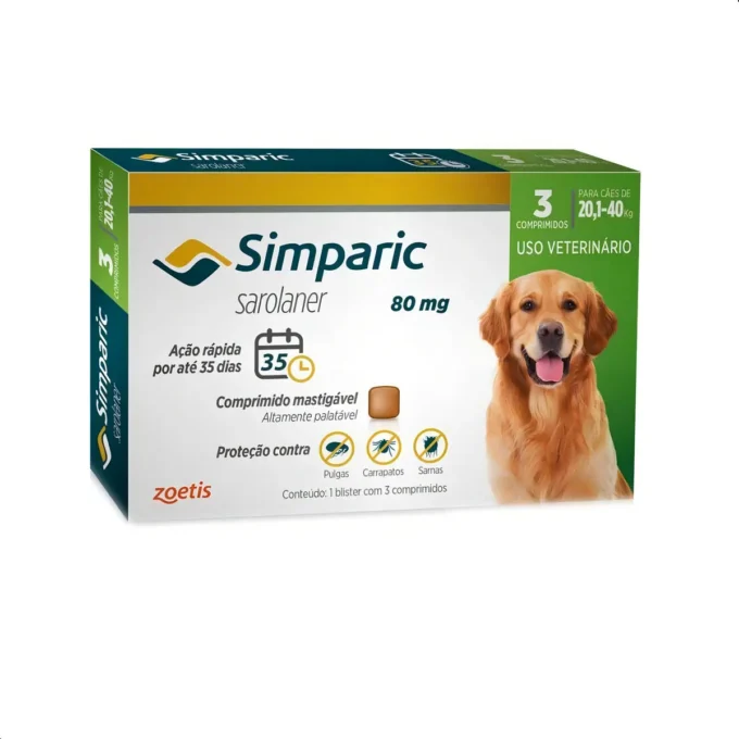 Simparic 80mg Zoetis Antipulga Carrapatos Cães 20 A 40kg 3cp 1 Simparic 80mg Zoetis Antipulga Carrapatos Cães 20 A 40kg 3cp